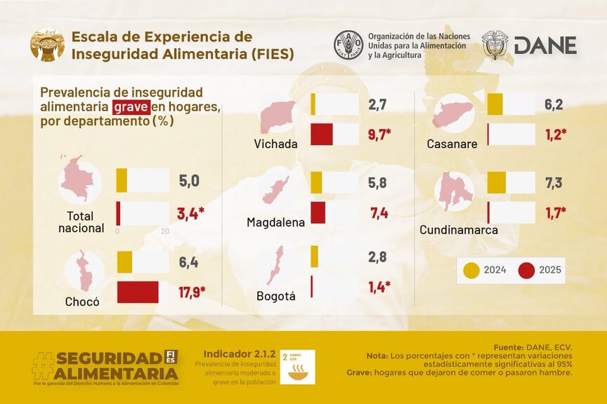 Colombia redujo en 779 mil personas la inseguridad alimentaria grave en 2025